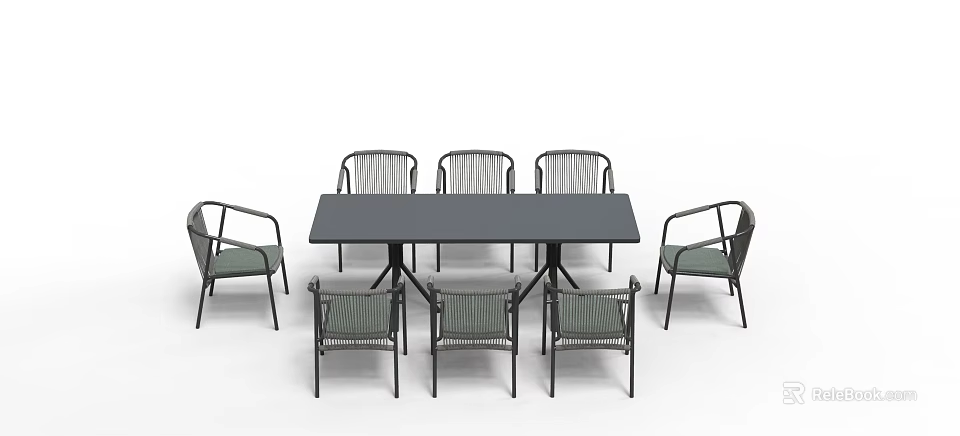 Modern Outdoor Dining Table and Chair Set with Black Rectangular Top and Woven Rattan Chairs 3d model 