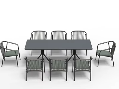 Modern Outdoor Dining Table and Chair Set with Black Rectangular Top and Woven Rattan Chairs 3d model