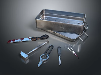 Stainless Steel Medical Instruments Set With Scalpel Forceps Scissors On Metal Tray 3d model