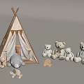 Cute Stuffed Teddy Bears And Knitted Doll With Play Tepee Tent Setup