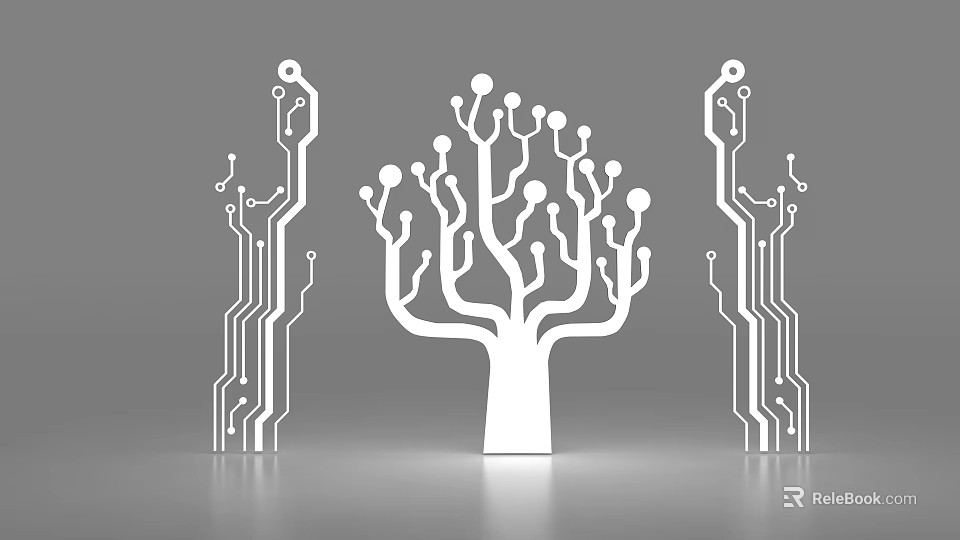 Modern White Wall Decor Featuring Tree Shape And Circuit Pattern Designs 3d model 