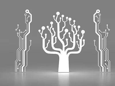 Modern White Wall Decor Featuring Tree Shape And Circuit Pattern Designs 3d model
