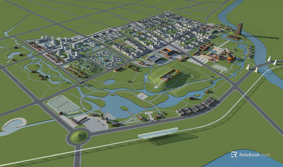 Aerial Urban Planning Layout With Buildings Green Spaces Lakes And Road Networks 3d model 
