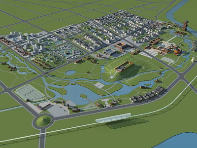 Aerial Urban Planning Layout With Buildings Green Spaces Lakes And Road Networks 3d model