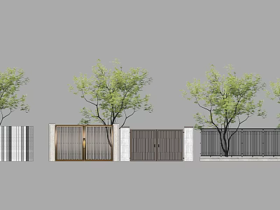 Modern Scenic Wall Designs Featuring Metal Gates Stone Panels And Green Trees 3d model