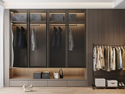 Modern Wardrobe Design Featuring Glass Door Cabinets Hanging Clothes Drawers And Side Hanger Rack 3d model