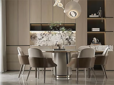 Elegant Modern Restaurant Interior With Round Dining Table Grey Chairs Pendant Lights And Decorative Plants 3d model