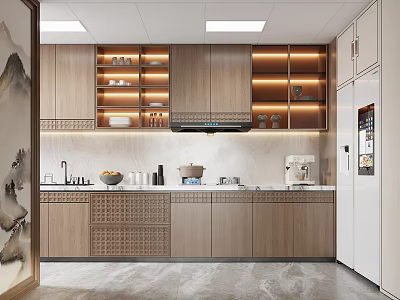 Modern Kitchen Interior With Wooden Cabinets Marble Countertop White Refrigerator And LED Lit Wall Cabinets 3d model