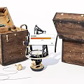 Vintage Wooden Storage Cases With Open Lid Brass Hardware And Surveying Instrument