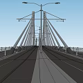 Modern Cable Stayed Bridge With Tall Towers Steel Cables Roadway Railings And Street Lamps