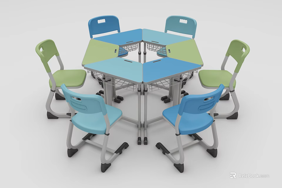 Hexagonal Student Desk With Six Colorful Chairs For Classroom Learning Setup 3d model