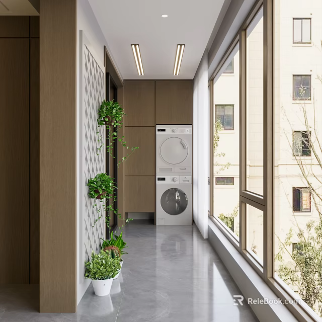 Home Balcony with Wooden Walls Green Plants Washing Machine Dryer Large Windows and Gray Floor 3d model 