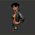 3D Game Movie Character with Black Short Hair Gray Jacket Pink Top Green Waist Decoration