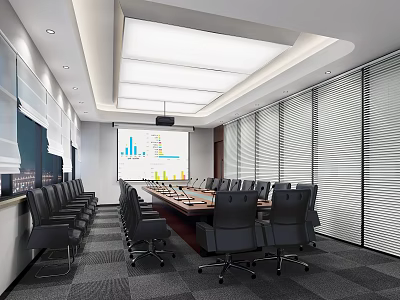 Modern Conference Room Interior With Long Table Black Chairs Projection Screen Charts And Blinds 3d model