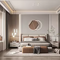 Modern Bedroom Interior With Round Mirror Bedside Tables And Bench 3d model