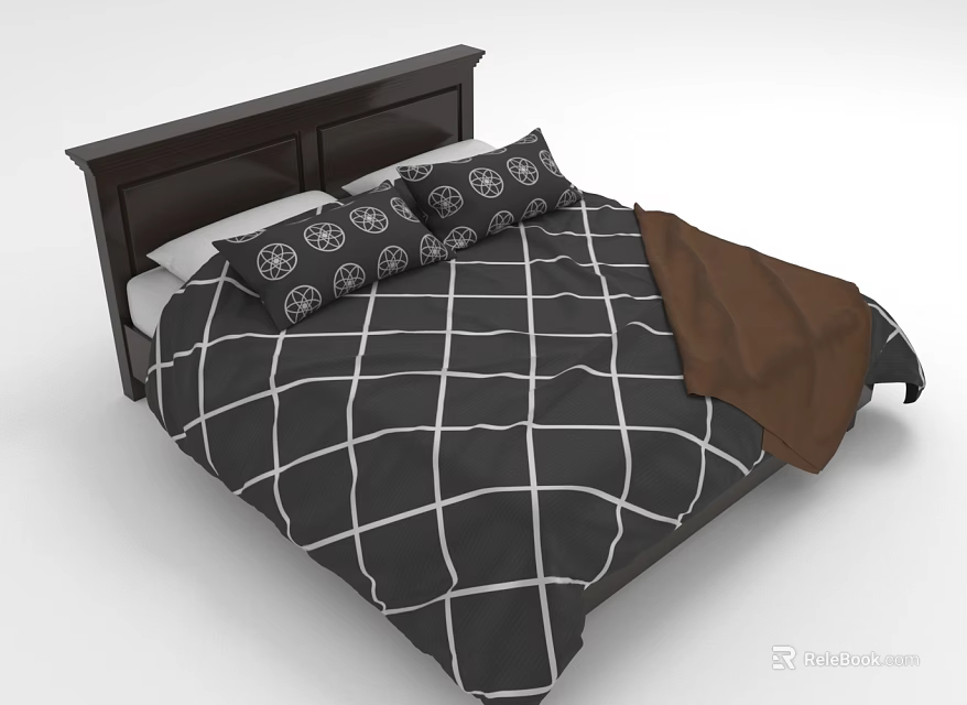 Two People Relaxing On Bed With Checkered Quilt Pillows And Brown Blanket 3d model 