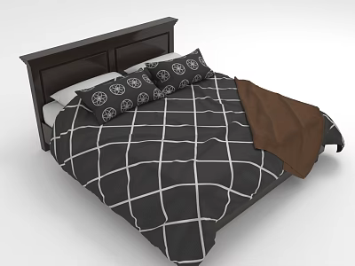 Two People Relaxing On Bed With Checkered Quilt Pillows And Brown Blanket 3d model