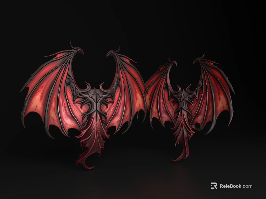 Decorative Ornament Set With Red And Black Mythical Wings Intricate Design 3d model 