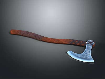 Handcrafted Weapon Axe With Wooden Handle Wrapped Rope And Carved Metal Blade 3d model