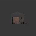 Cartoon Scene of Brick Shed with Dark Roof Open Wooden Doors and Metal Barrels