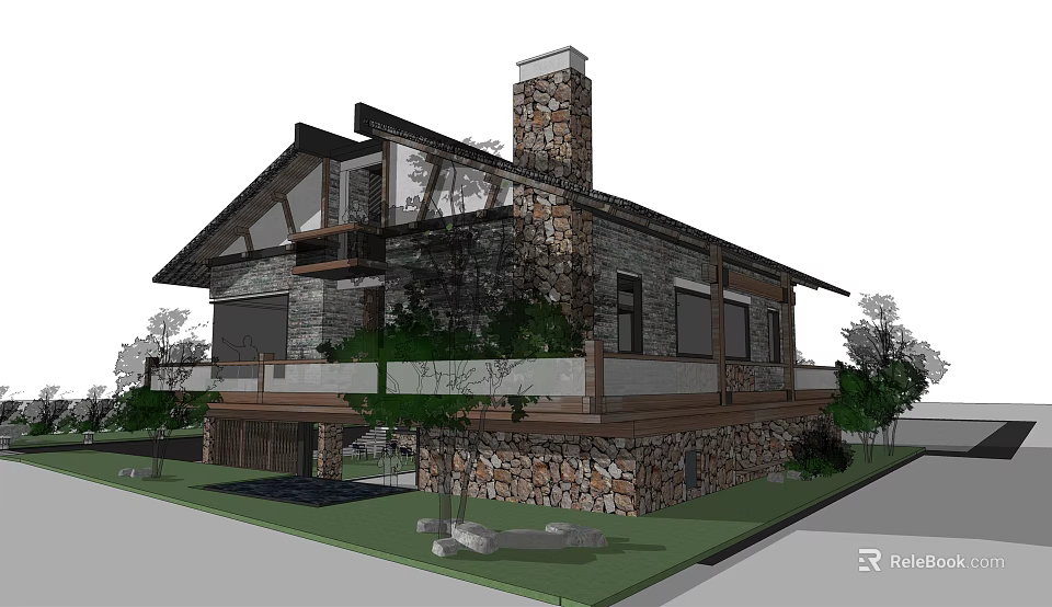 Charming Guesthouse Building With Stone Walls Wooden Roof Balcony And Greenery 3d model 