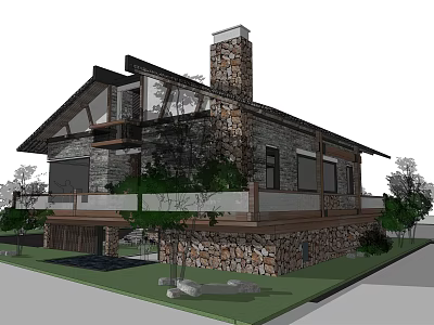 Charming Guesthouse Building With Stone Walls Wooden Roof Balcony And Greenery 3d model