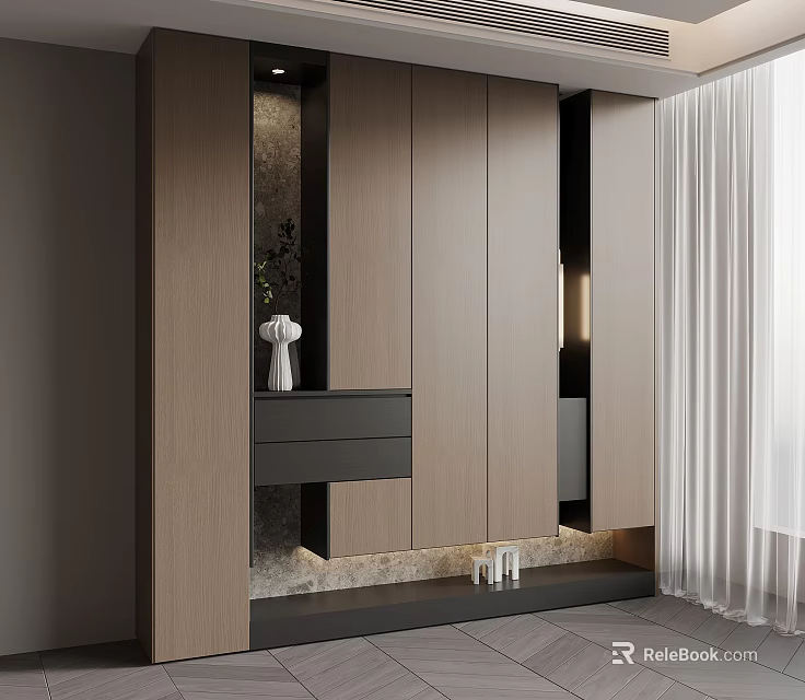 Modern Wooden Shoe Cabinet Storage Design With Drawers Vase And Soft Lighting 3d model 