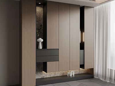 Modern Wooden Shoe Cabinet Storage Design With Drawers Vase And Soft Lighting 3d model