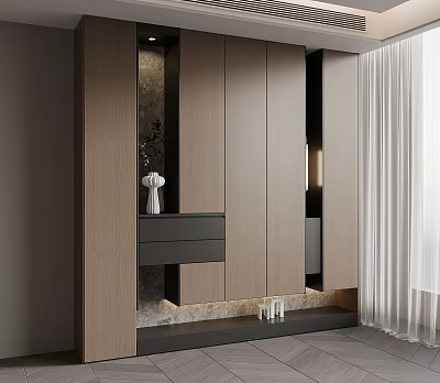 Modern Wooden Shoe Cabinet Storage Design With Drawers Vase And Soft Lighting 3d model