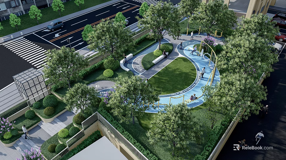Tranquil Park Landscape With Lush Trees Curved Pathways Green Lawn And Seating Areas 3d model 