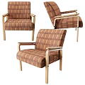 Stylish Comfortable Plaid Fabric Leisure Chair With Light Wooden Armrests And Legs