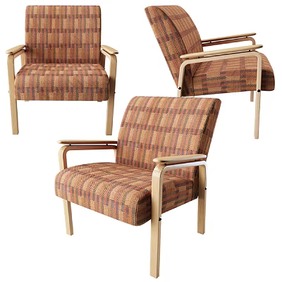 Stylish Comfortable Plaid Fabric Leisure Chair With Light Wooden Armrests And Legs 3d model