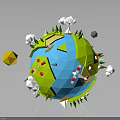 Low Poly 3D Earth Model With Green Land Blue Ocean Clouds Sun Flags And Trees 3d model