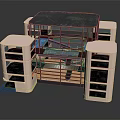 Cartoon Scene Featuring Pink Pillars Black Roof Frame Structure and Multi Layer Platforms
