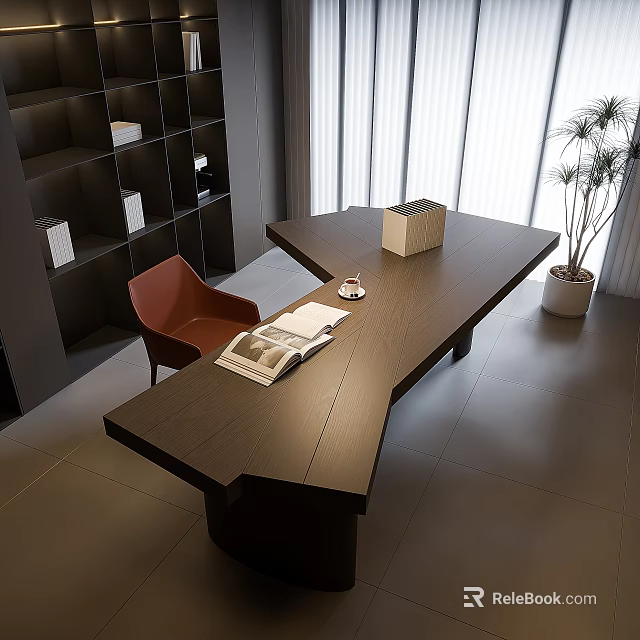 Modern Dark Wood Desk With Brown Chair Black Bookshelf And Green Plant In Bright Study 3d model 