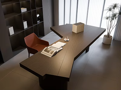 Modern Dark Wood Desk With Brown Chair Black Bookshelf And Green Plant In Bright Study 3d model