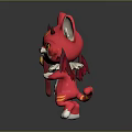 Cute Cartoon Red Horned Winged Cat Creature With Striped Tail Holding Staff With Yellow Ball