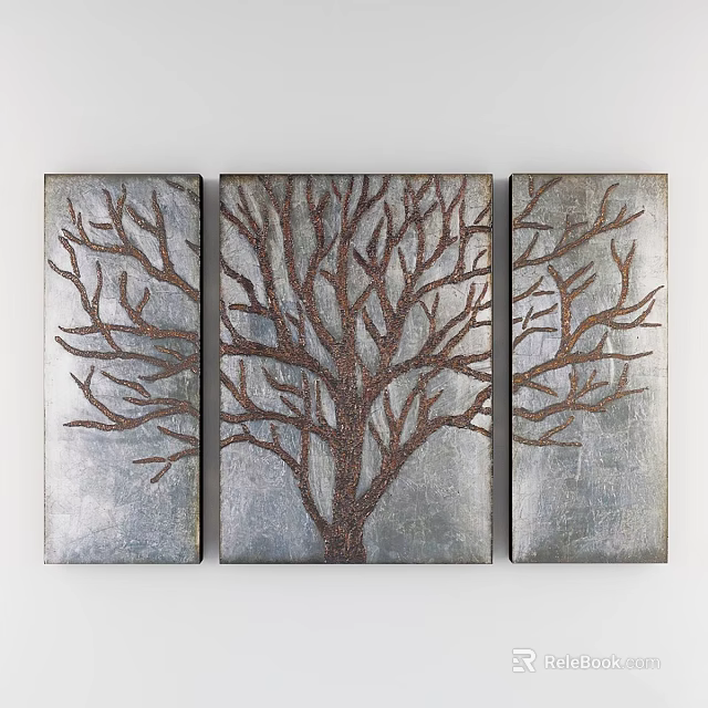 Triple Panel Picture Frames Featuring Tree Branch Design And Metallic Texture 3d model