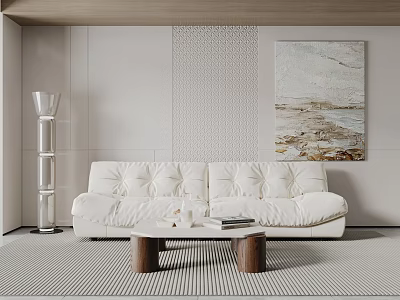 Modern Interior Showcasing White Two-Seater Sofa Metal Floor Lamp Decorative Painting And Wooden Coffee Table 3d model