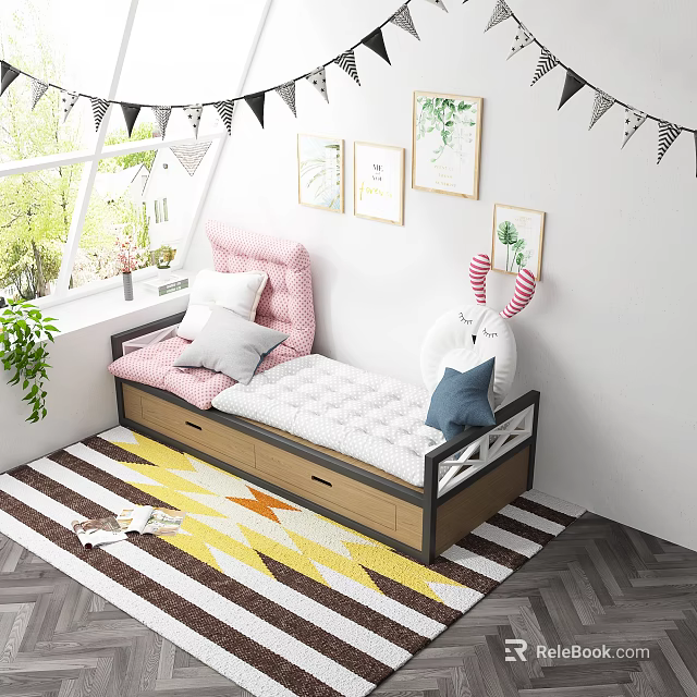 Kids Room Decor With Pink Bench Pillows Rabbit Toy Colorful Rug And Plant Paintings 3d model 