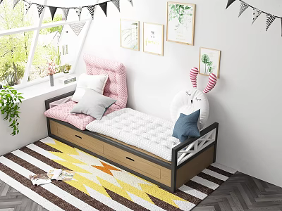 Kids Room Decor With Pink Bench Pillows Rabbit Toy Colorful Rug And Plant Paintings 3d model