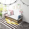 Kids Room Decor With Pink Bench Pillows Rabbit Toy Colorful Rug And Plant Paintings