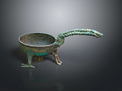Ancient Bronze Sculpture Three Legged Vessel With Curved Braided Handle Design 3d model