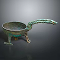 Ancient Bronze Sculpture Three Legged Vessel With Curved Braided Handle Design