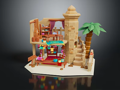 Cartoon Style Model Featuring Two Story Building Tower Staircase Palm Tree Tables Chairs And Curtains 3d model