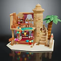 Cartoon Style Model Featuring Two Story Building Tower Staircase Palm Tree Tables Chairs And Curtains