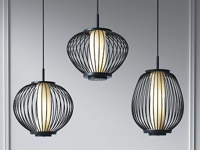 Modern Pendant Lights With Black Metal Woven Lantern Design And Warm Yellow Glow 3d model