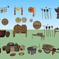 Vintage Industrial Equipment Collection With Hoes Sickles Stone Mills And Wheelbarrows