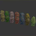 Ancient Sculptures With Weathered Texture And Moss Arranged In A Row On Gray Background