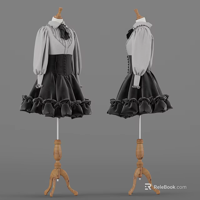 Clothing Hangers with Long Sleeve Dresses Light Top Dark Ruffled Skirt on Wooden Base 3d model 